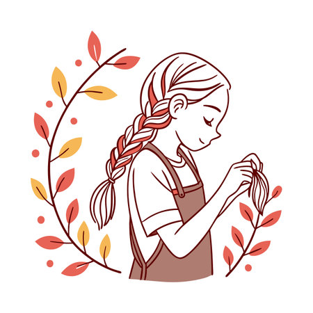 Cute cartoon girl with braids and leaves vector illustration graphic designのイラスト素材