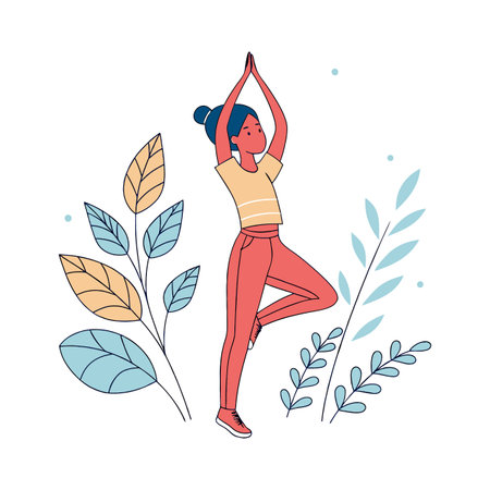 Young woman practicing yoga, sitting in tree pose, vector illustration.のイラスト素材