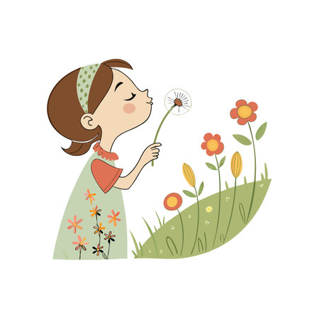 Girl blowing dandelion in the meadow. Vector illustration.のイラスト素材