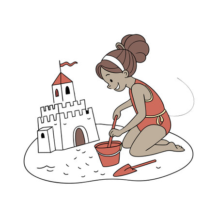 Little girl playing sand castle. Vector illustration in doodle styleのイラスト素材