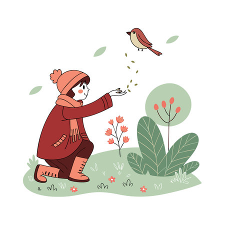 Little girl playing with birds in the garden. Hand drawn vector illustration.のイラスト素材