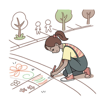 Little girl drawing with pencils in the park. Vector illustration.のイラスト素材