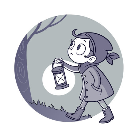 Boy with a lantern in the forest. Vector illustration in cartoon style.のイラスト素材