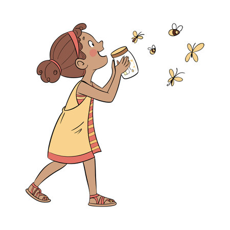 Illustration of a Little Girl with a Jar of Honey and Butterfliesのイラスト素材