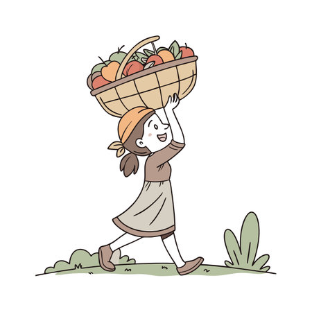 Illustration of a Girl Carrying a Basket of Fruitsのイラスト素材