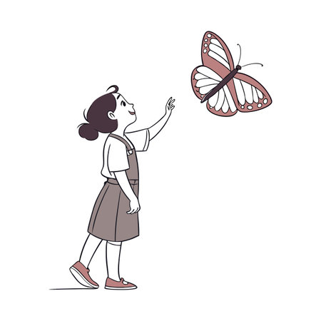 Cute little girl with butterfly in her hand. Vector illustration.のイラスト素材