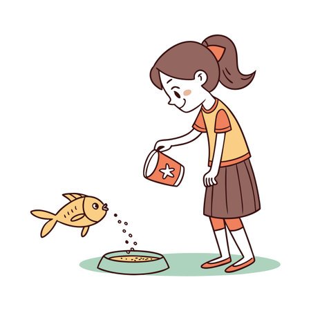 Little girl watering fish in bowl. Vector illustration in cartoon style.のイラスト素材
