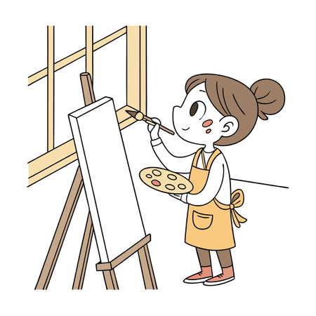 Illustration of a little girl painting a picture in the easelのイラスト素材