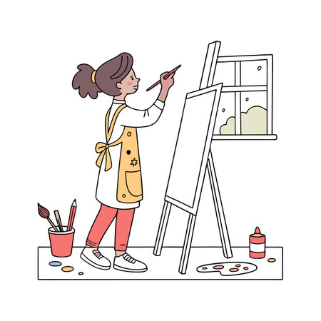 Little girl painting on the easel. Vector illustration in cartoon styleのイラスト素材