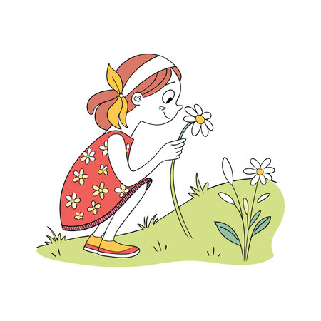 cute little girl with flower in the field vector illustration graphic designのイラスト素材