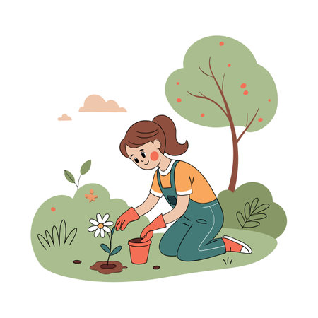 Girl planting flowers in the garden. Vector illustration in cartoon style.のイラスト素材