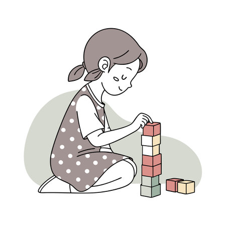 Illustration of a little girl building a tower with colorful bricks.のイラスト素材