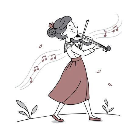 Vector illustration of a girl playing the violin in the park. Hand drawn style.のイラスト素材