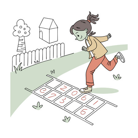 Child playing hopscotch game in park. Vector illustration.のイラスト素材