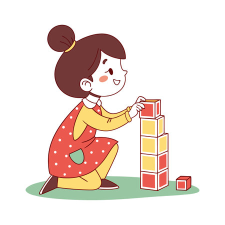 Cute little girl building a tower with blocks. Vector illustration.のイラスト素材