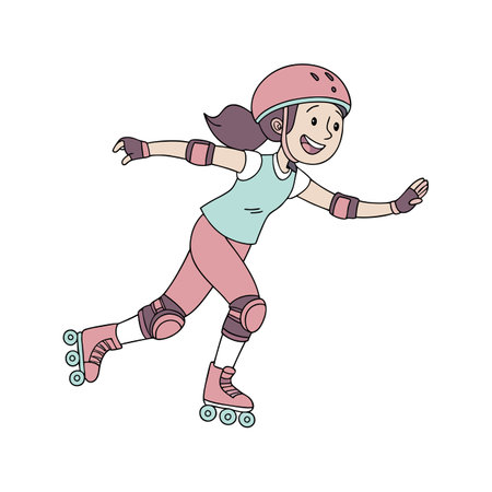 Girl on roller skates in a helmet. Vector cartoon illustration.のイラスト素材