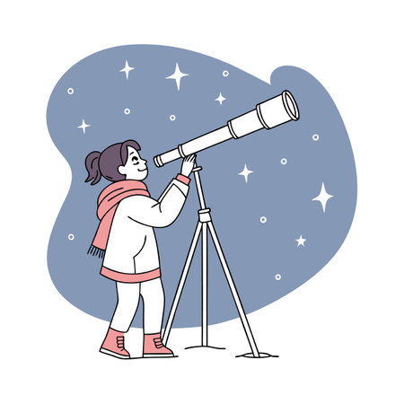 Cute little girl looking through a telescope. Vector illustration in cartoon style.のイラスト素材