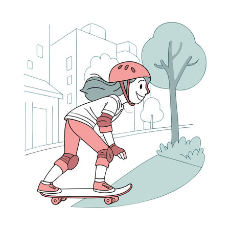 A girl rides a skateboard in the park. Vector illustration.のイラスト素材