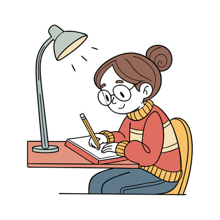 Vector illustration of a girl in glasses sitting at the table and writing in a notebookのイラスト素材