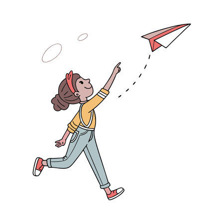 Little girl running with paper airplane. Vector illustration in cartoon style.のイラスト素材