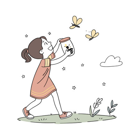 Girl playing with butterflies. Vector illustration in doodle style.のイラスト素材