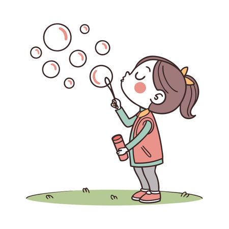Girl blowing bubbles. Vector illustration of a girl blowing soap bubbles.のイラスト素材