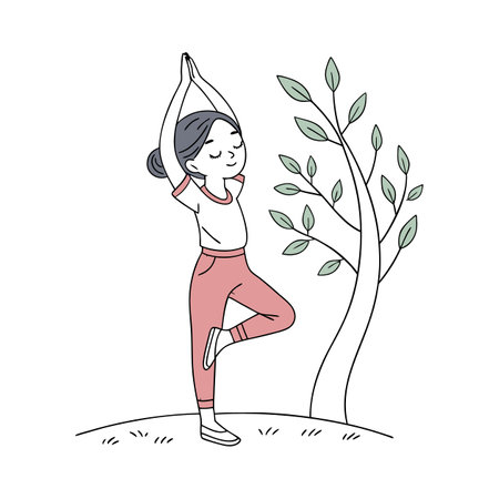 Woman practicing yoga in the park. Vector illustration in cartoon style.のイラスト素材