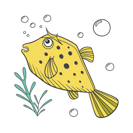 Cute cartoon fish with bubbles and seaweed. Vector illustration.のイラスト素材
