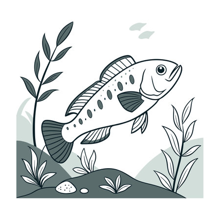 Vector illustration of a fish on a background of algae and plants.のイラスト素材
