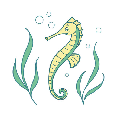 Sea horse and seaweed, vector illustration in doodle styleのイラスト素材