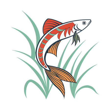Illustration of a stylized fish on a background of grass.のイラスト素材