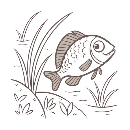 Cute cartoon fish on a background of grass. Vector illustration.のイラスト素材