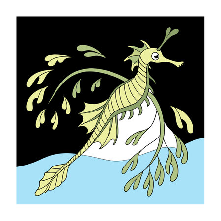 Seahorse and seaweed on a black background. Vector illustration.のイラスト素材