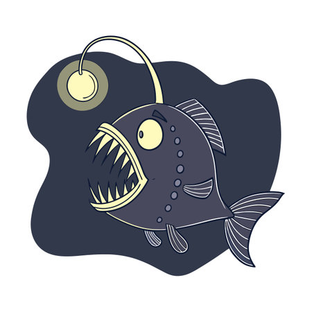 Vector illustration of a cartoon angler fish on a dark background.のイラスト素材