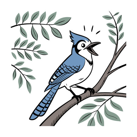 Blue jay bird sitting on a branch. Vector illustration in cartoon style.のイラスト素材
