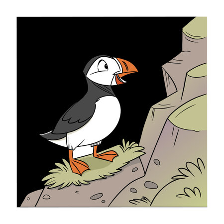 illustration of a puffin standing on a cliff in the wildのイラスト素材