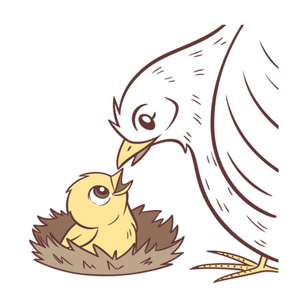 Illustration of a bird and a chick in the nest on a white backgroundのイラスト素材