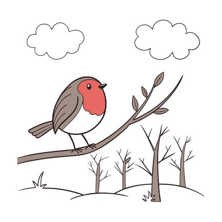 Red robin bird sitting on a tree branch. Vector illustration.のイラスト素材