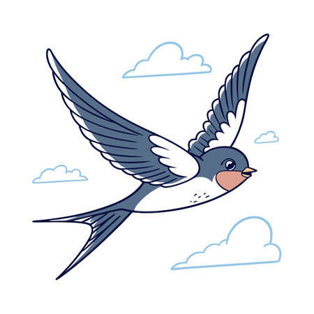 Flying swallow with clouds and sky. Vector illustration in cartoon style.のイラスト素材