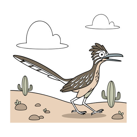 Cartoon vector illustration of a bird in the desert with cactuses.のイラスト素材