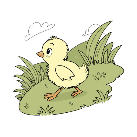 Cute little chicken in the grass. Hand drawn vector illustration.のイラスト素材