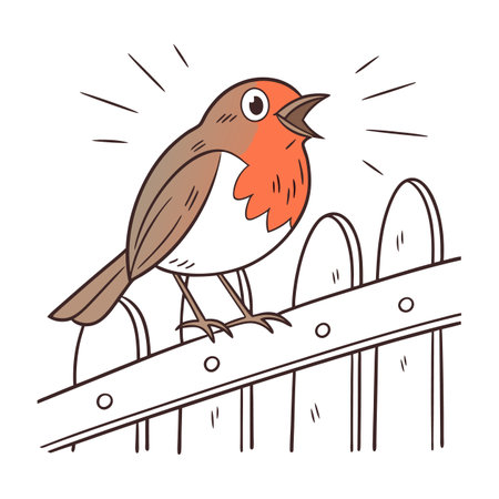Vector illustration of a robin on the fence. Hand drawn bird.のイラスト素材