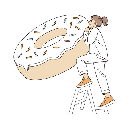 Illustration of a girl sitting on a stool and eating a donutのイラスト素材
