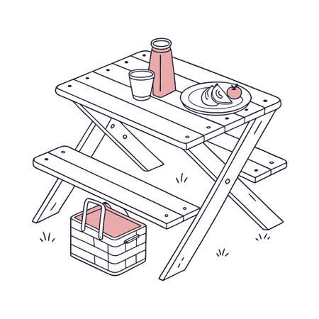 Picnic table with food and drinks. Vector illustration in doodle style.のイラスト素材