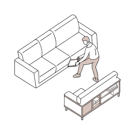 Vector illustration of a man cleaning the living room with a vacuum cleanerのイラスト素材
