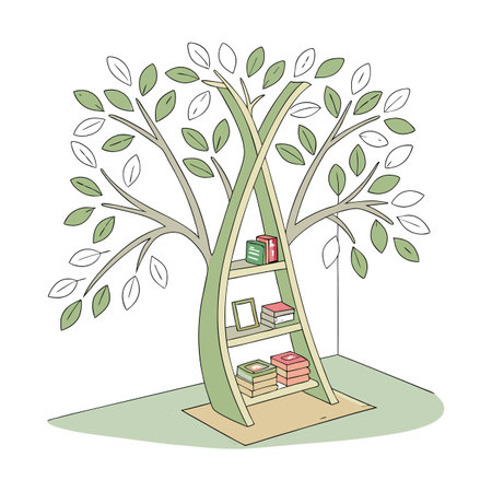 Tree with books and bookshelves. Hand drawn vector illustration.のイラスト素材