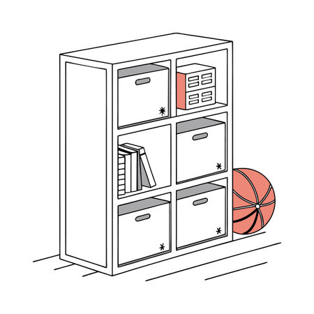 Illustration of a cabinet with books and a basketball ball on a white backgroundのイラスト素材