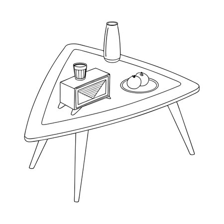 Table with a tablecloth, a glass of coffee, a plate with a crockery. Breakfast single icon in outline style vector symbol stock illustration.のイラスト素材