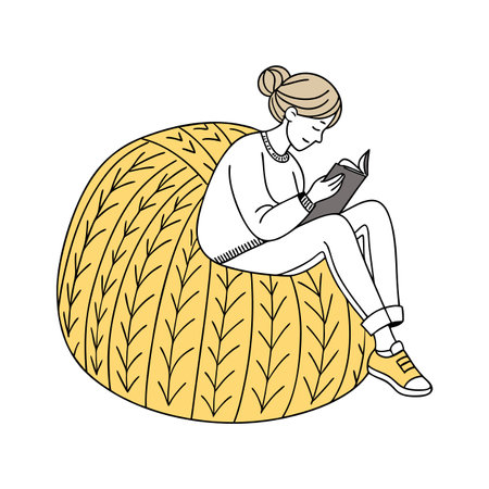 Girl reading a book in a knitted hat. Vector illustration.のイラスト素材