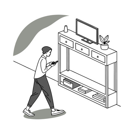 Man with a smartphone in front of the TV. Vector illustration.のイラスト素材